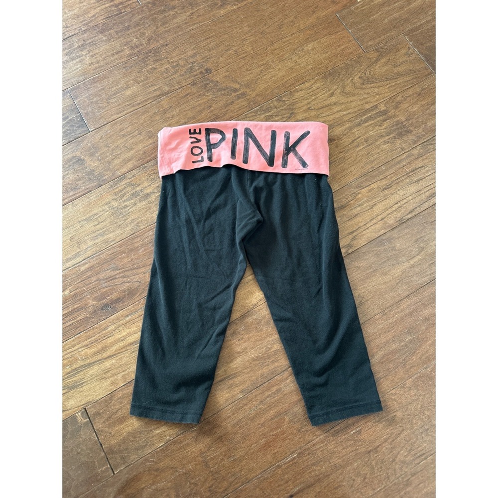 Victoria's Secret PINK Yoga Crop Capri Leggings Black Coral Foldover Waist Small
